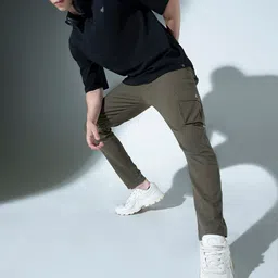 Hubberholme Men Olive Green Slim Fit Stretchable Solid Cargos image 2