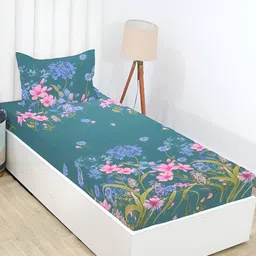 RD TREND Green & Blue Floral Printed 210 TC Cotton Single Bedsheet with 1 Pillow Covers image 4