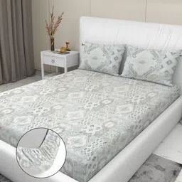 RD TREND Green & White Printed 210 TC Pure Cotton Fitted King Bedsheet & 2 Pillow Covers image 3