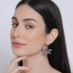 Sangria Silver-Plated Stone Studded Oxidized Floral Drop Earrings-picture-25