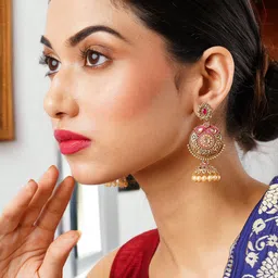Anouk Gold-Toned & Red Gold-Plated Classic Jhumkas image 4
