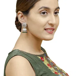 Shining Jewel - By Shivansh Silver-Plated Cubic Zirconia Dome Shaped Oxidised Jhumkas image 4