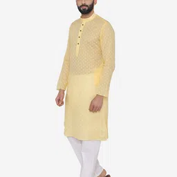 Manyavar Men Yellow Self Design Kurta with Pyjamas image 4