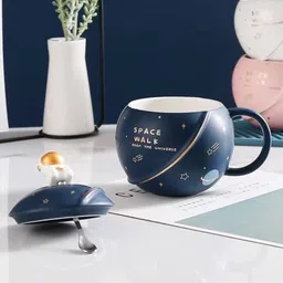 nyrwana delivering smiles in inida 3D Creative Astronaut Universe Planet With Lid Spoon Ceramic Coffees for Home Office Tea Cup Drinkware Gift (Blue) Ceramic Coffee Mug image 3