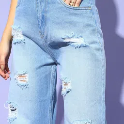 STREET 9 Women Blue Flared High-Rise Highly Distressed Heavy Fade Jeans image 5