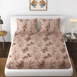 florida Brown Floral 144 TC Polyester King Fitted Bedsheet 2 Pillow Covers image 2