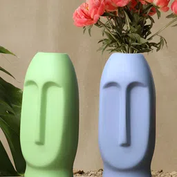 GW CREATIONS 2-Pcs Blue & Green Face Shaped Flower Vases image 2