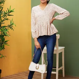 Globus White Abstract Printed V-Neck Puff Sleeve Gathered Peplum Top image 3