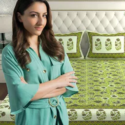 LA VERNE Green & Brown Floral 210 TC Cotton King Bedsheet with 2 Pillow Covers image 5