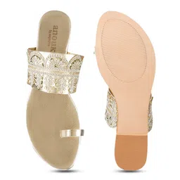 Anouk Gold-Toned Embellished Fabric Open One Toe Flats image 3