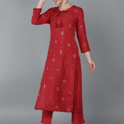 AHIKA Women Red Ethnic Motifs Embroidered Kurta with Trousers & Dupatta image 5