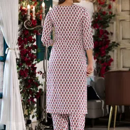 KALINI Floral Printed Thread Work Pure Cotton Kurta With Trousers image 5