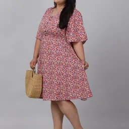 sindrellastorie V Neck Flared Sleeves Floral Print Crepe A-Line Plus Size Dress image 5