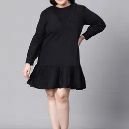 Oxolloxo Plus Size Round Neck Cuffed Sleeve Ruffled Cotton A-Line Dress image 2