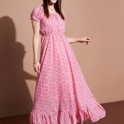 DressBerry Floral Printed Puff Sleeves Gathered Flounce Georgette Maxi A-Line Dress-image-27