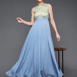 Miss Chase Contrast Lace Boat Neck Sleeveless Georgette Fit and Flare Maxi Dress image 5