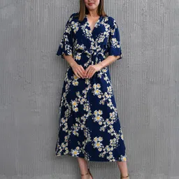 MANOJAVA Women Cotton Floral Printed Wrap Midi Dress image 3