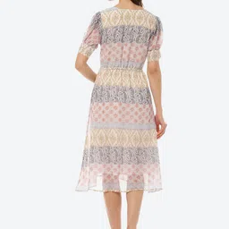 Kurti's by Menka White & Beige Ethnic Motifs Printed Puff Sleeves Fit & Flare Midi Dress image 3