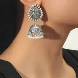OOMPH Silver-Toned Dome Shaped Jhumkas Earrings-picture-25