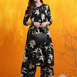 KALINI Floral Printed Straight Kurta with Palazzos image 4