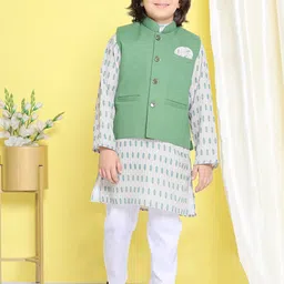 Aj DEZInES Boys Band Collar Printed Pure Cotton Kurta With Pyjamas & Waistcoat image 4