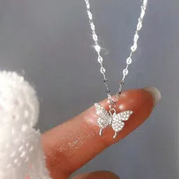 zarkan Hallmarked Silver Butterfly Necklace With Link Chain Rhodium Silver Pendant Set-picture-24