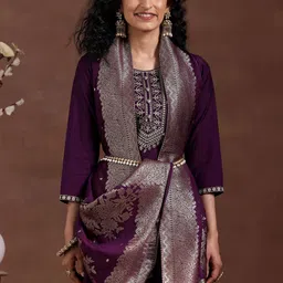 Libas Women Floral Yoke Design Regular Thread Work Kurta with Trousers & With Dupatta image 3