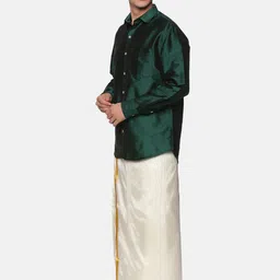 Sethukrishna Men Green & White Solid Long Sleeves Shirt with Veshti & With Angavastram image 5