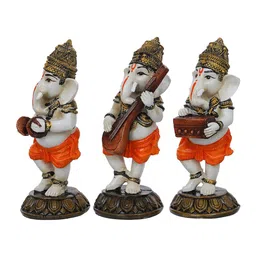 eCraftIndia White 3 Pieces Standing Lord Ganesha Idols Playing Harmonium Orange Showpieces image 5