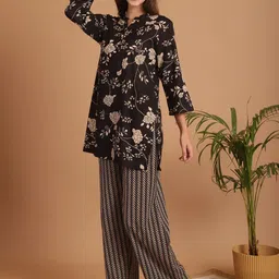 Indreams Floral Printed Band Collar Pure Cotton Night Suit image 5