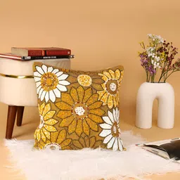 YWULY Brown & Yellow Floral Embellished Square Cushion Cover image 3