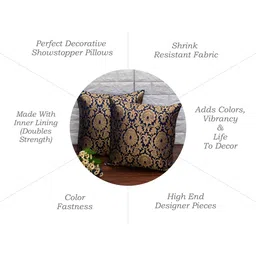 RoyalDeco 2 Pcs Navy Blue Ethnic Motifs Banarasi Brocade Silk Square Cushion Covers image 2