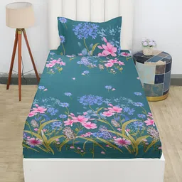 RD TREND Green & Blue Floral Printed 210 TC Cotton Single Bedsheet with 1 Pillow Covers image 5