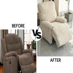 HOKIPO Beige & White 1 Seater Printed Recliner Sofa Covers With Arms image 5