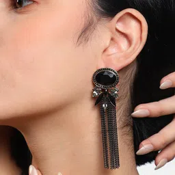 DressBerry Black Gold-Plated Stone Studded Tasseled Drop Earrings image 5