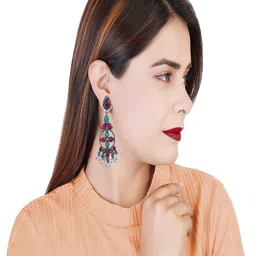 UNIVERSITY TRENDZ Silver-Plated Stone Studded Oxidised Classic Drop Earrings image 4