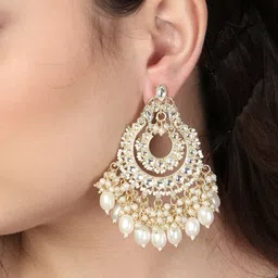 Adwitiya Collection Gold-Plated Artificical Stones Studded & Beaded Classic Drop Earrings image 3
