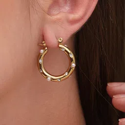 PALMONAS 18KT Gold Plated Stainless Steel Pearl Studded Hoop Earrings image 4