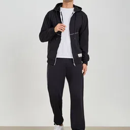 Styli Men Black Contrast Piping Detail Zip Through Fleece Tracksuit-image-81