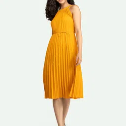 AASK Mustard Yellow Striped Halter Neck Crepe Accordion Pleats A-Line Midi Dress image 5