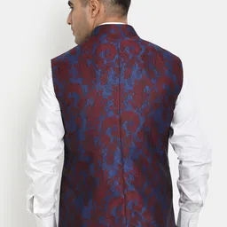 HOB Men Maroon & Blue Woven-Design Jacquard Nehru Jacket image 4