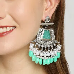OOMPH Silver Plated Geometric Kundan Studded & Beaded Drop Earrings-picture-26