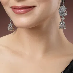 NVR Silver-Plated Peacock Design Oxidised Jhumkas-image-54