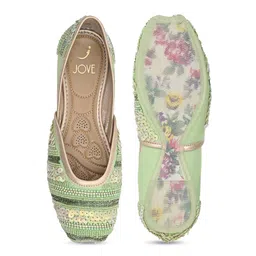 Jove Women Green Printed Ethnic Mules Flats image 2
