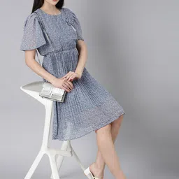 SHOWOFF Floral Printed Puff Sleeves Accordion Pleated Georgette Fit & Flare Dress image 5