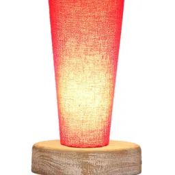 Devansh Red Cotton Cylinder Table Lamps With Brown Round Wood Base image 3