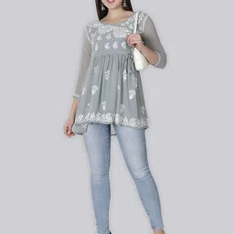 Seva Chikan Ethnic Motifs Chikankari Embroidered Angrakha A line Kurti With Slip image 2