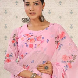 Ode by House of Pataudi Pink & Lavender Floral Printed Pure Georgette Saree image 3