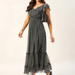 DRAPE AND DAZZLE Abstract Self Design V-Neck Flounce Flutter Sleeve Maxi Dress image 3