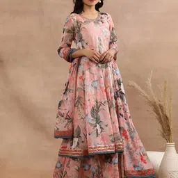 WISHFUL Floral Print Sequined Fit & Flare Ethnic Dress With Dupatta image 4